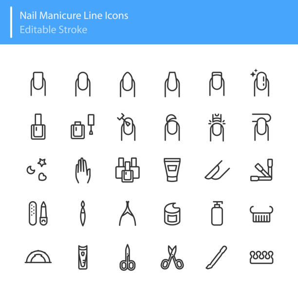 ilustraciones, imágenes clip art, dibujos animados e iconos de stock de iconos de línea de manicura de uñas trazo editable - salón de belleza para manicura