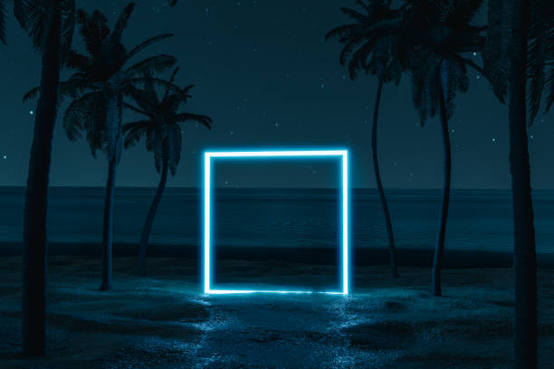 istock 3d rendering of illuminated square frame on beach sand and palm avenue 1371302220