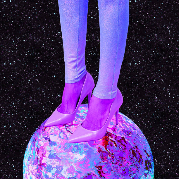 Contemporary digital collage art. Women's legs in a stylish cosmic space. Women power, ladies, communities, feminism concept. stock photo