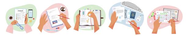 Writing hands. People taking notes, writing diary, planning schedule, to do list with pens, pencils, vector illustration Writing hands set, flat vector isolated illustration. Female hands holding pens and pencils. People taking notes, writing diary, planning schedule, to do list, timetable. person writing on notepad stock illustrations