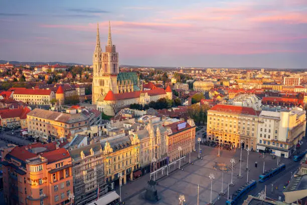 Aerial cityscape image of Zagreb capital city of  Croatia at sunset.