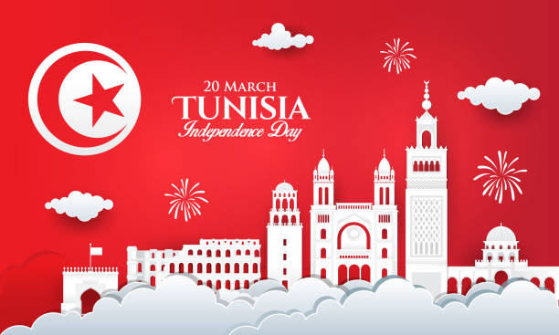 튀니지 독립기념일 축하의 벡터 일러스트와 도시 스카이라인 종이 컷 스타일. - tunisia stock illustrations