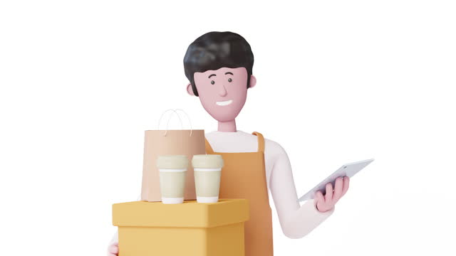 3d Animation Happy young man using tablet service at the online shops. Luma Matte 4k Video.