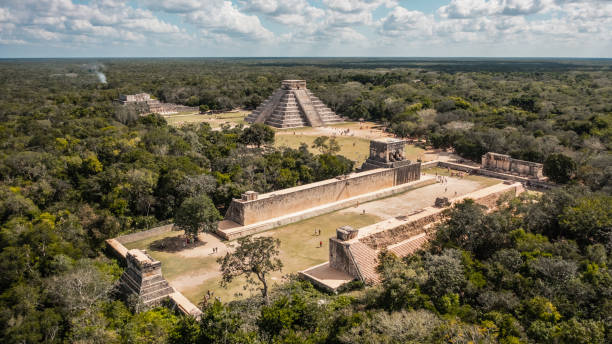 Aerial view of Chichen Itza Aerial view of ancient Mayan city Chichen Itza chichen itza photos stock pictures, royalty-free photos & images