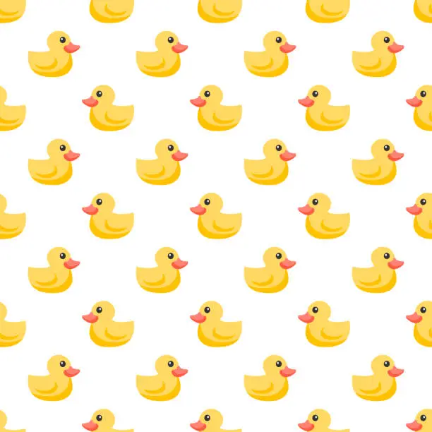 Vector illustration of Cute rubber ducks. Fabric pattern. White yellow