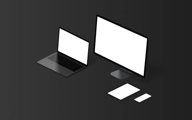 istock Black, low light computer display, laptop, tablet and smart phone mockup isometric position. Isolated screen in white for web page or app design promotion 1371310476