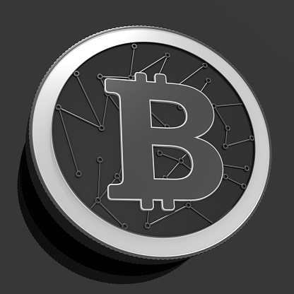 3d render.  Silver-black bit coin with symbol  on black background.