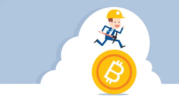 Vector illustration of Businessman running on bitcoin