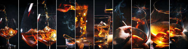 Collage with glasses whiskey or other alcohol, cubes ice, smoking cigar Collage with glasses whiskey or other alcohol, cubes ice, smoking cigar on dark background glass of bourbon stock pictures, royalty-free photos & images