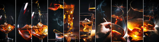 collage with glasses whiskey or other alcohol, cubes ice, smoking cigar - cigar whisky bar cognac imagens e fotografias de stock