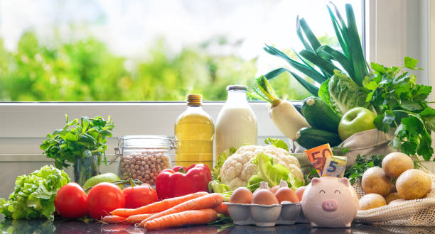 groceries purchases from local market and money in piggy bank - vegies vegetable basket residential structure imagens e fotografias de stock