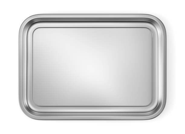Steel baking or food tray isolated on white Stainless steel baking food tray isolated on white background. Front view. 3D illustration tray stock pictures, royalty-free photos & images