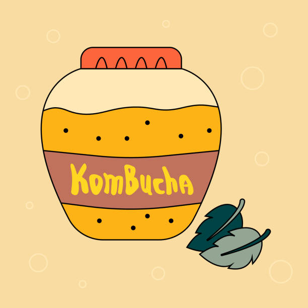 Big jar of refreshing kombucha drink and mint leaves Big jar of refreshing kombucha drink and mint leaves. Sweet tasty summer beverage. Fermented drink made with tea, sugar, bacteria and yeast kombucha jar stock illustrations