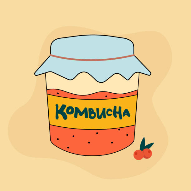 Jar of homemade kombucha tea drink with cranberry Jar of homemade kombucha tea drink with cranberry. Tasty refreshing beverage. Fermented drink made with tea, sugar, bacteria and yeast kombucha jar stock illustrations