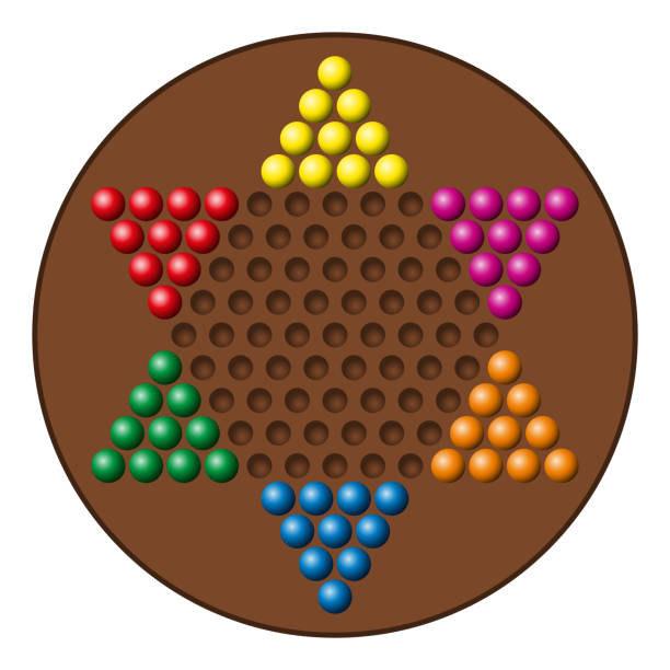 Chinese checkers game board, also known as sternhalma, with marbles Chinese checkers game board, with rainbow colored marbles. Also known as sternhalma, or Chinese chequers. A strategy board game of German origin, a modern and simplified variation of the game Halma. chinese checkers stock illustrations