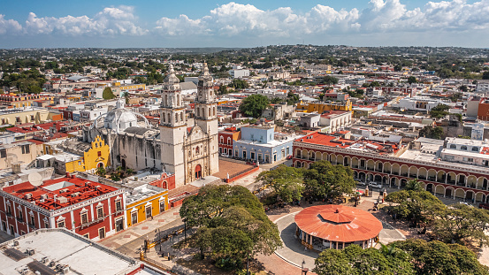 Cityscape of Campeche downtown on a sunny day. Aerial view