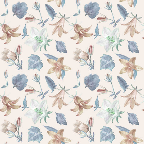 Seamless pattern with bluebells painted with watercolors Bluebells and leaves painted with watercolors and toned in brown and turquoise green, on light beige background. For fabric, wrapping paper, home textile. cottagecore stock illustrations