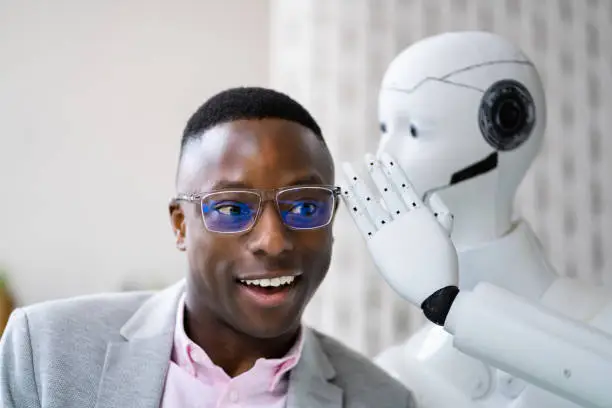 AI Cyborg Robot Whispering Secret Or Interesting Gossip To African Man