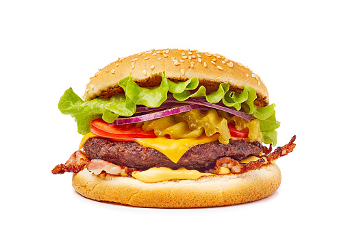 Tasty burger classic american hamburger with cheese and bacon isolated on white background. Clipping path included