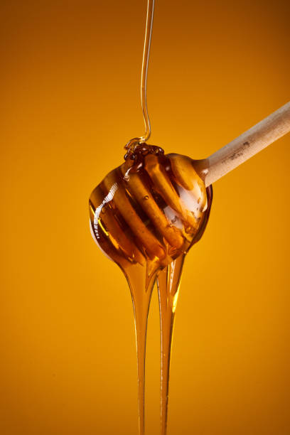 Honey dripping on wooden dipper stock photo
