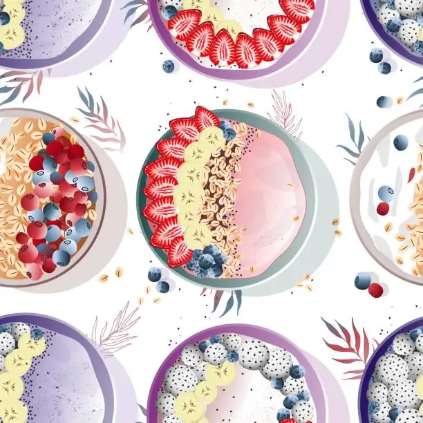 Vector illustration of Seamless pattern with tasty smoothie bowls.