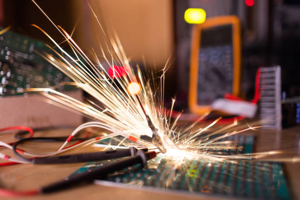 istock Microcircuit for TFT with wires sparkles with electric sparks 1371330598