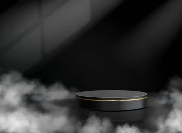 Vector illustration of Black podium with gold line on a dark background. Empty cylindrical stage for product demonstration with smoke or fog, platform vector mockup