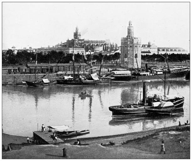 Antique travel photographs of Spain: Seville Antique travel photographs of Spain: Seville seville port stock illustrations