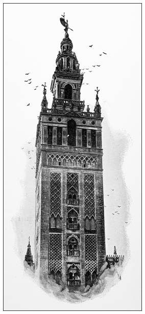 ilustrações de stock, clip art, desenhos animados e ícones de antique travel photographs of spain: seville, the giralda - seville sevilla la giralda spain