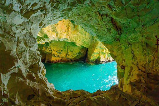 View of the Rosh HaNikra grottoes, in the Western Galilee coast of the Mediterranean Sea, Northern Israel