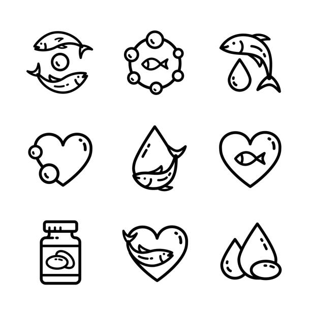 ilustrações, clipart, desenhos animados e ícones de design do logotipo do ícone ômega 3. projeto vetorial de óleo de peixe - fish oil healthy eating capsule isolated