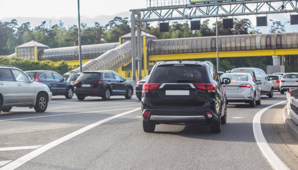 istock car in big traffic jam. Back view. 1371333601