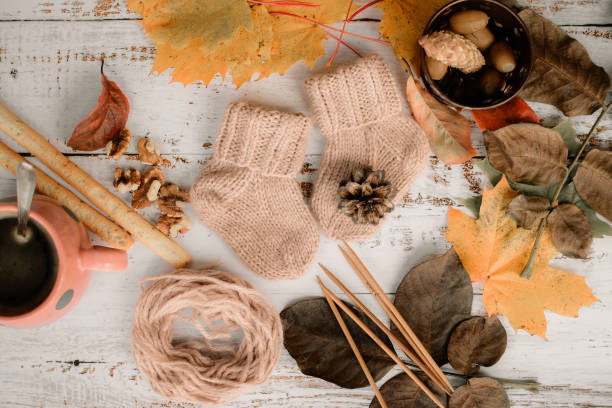 istock Vintage autumn scene on white wooden background 1371333821