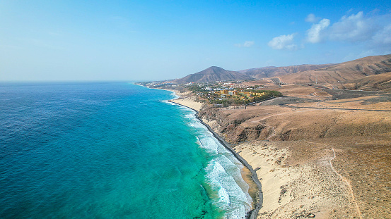 Aerial view of beaches in the south of Fuerteventura, Canary Islands. Drone shot