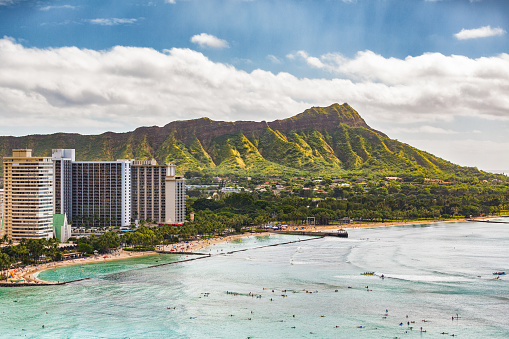 Framed shot of Diamond Head from the popular Waikiki Beach in Honolulu, Hawaii