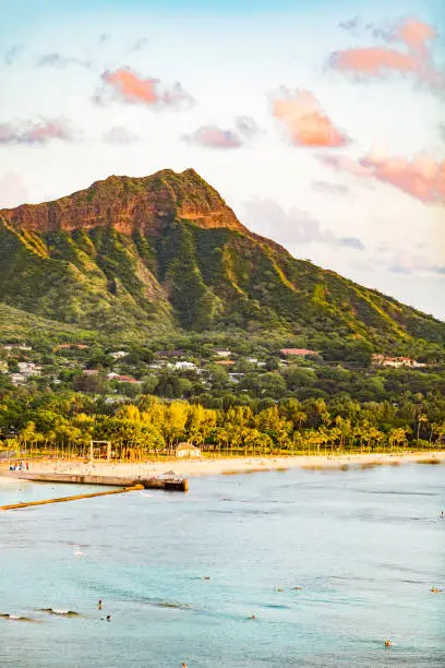 Hawaii travel Honolulu city vacation destination. Waikiki beach with Diamond Head mountain in background. Urban landscape for USA travel summer getaway.