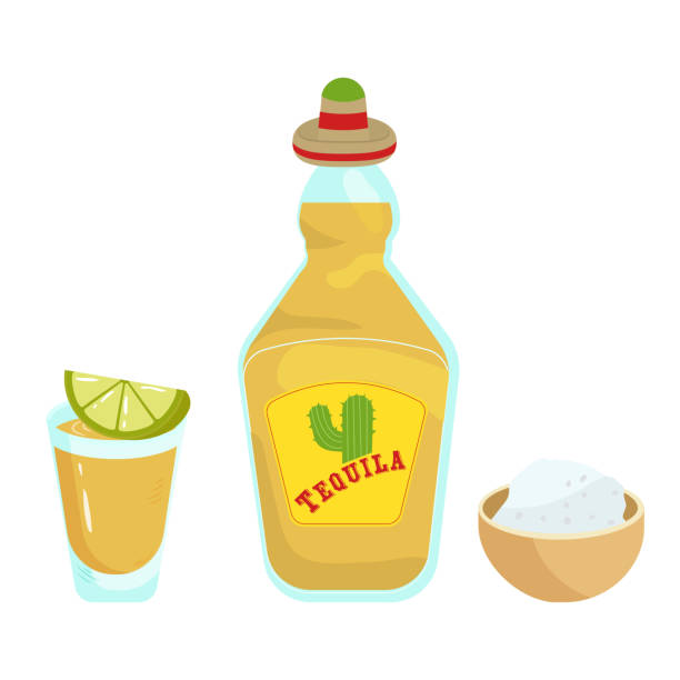 테킬라 벡터. 흰색 배경에 데킬라 병 - shot glass mexican culture lime alcohol stock illustrations
