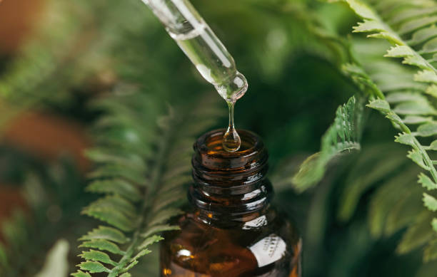 istock Liquid essence from dropper to bottle with grass green background. copy space, macro. Concept of cosmetology, medicine 1371337410