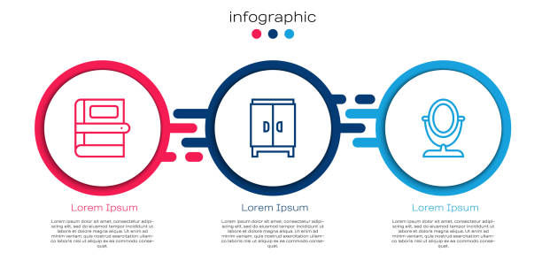 ilustrações de stock, clip art, desenhos animados e ícones de set line book, wardrobe and round makeup mirror. business infographic template. vector - book library door retro revival