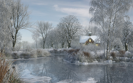 Digitally generated fairy winter landscape with snow covered cottages and snowy trees in a bog area.

The scene was created in Autodesk® 3ds Max 2022 with V-Ray 5 and rendered with photorealistic shaders and lighting in Chaos® Vantage with some post-production added.
