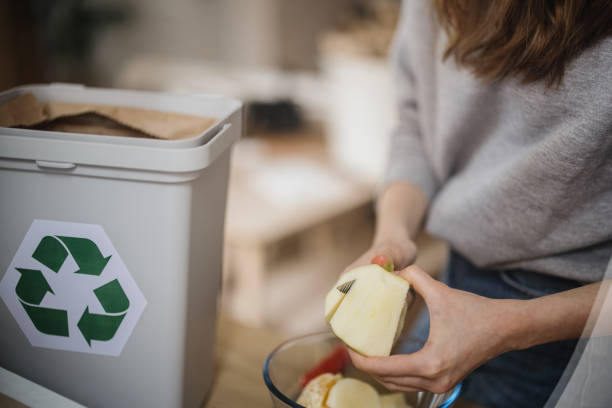 istock Young woman peeling apple into the recycling bin 1371338751
