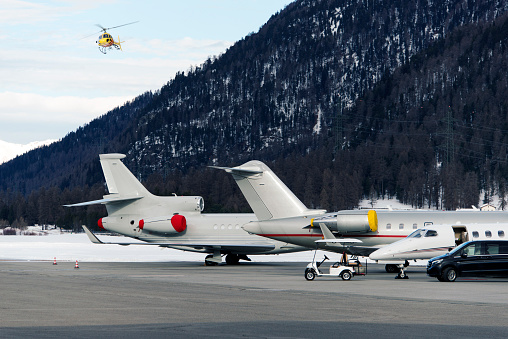 Private jets and aircrafts at the airport of Engadine St Moritz