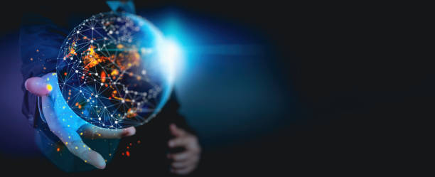 Hand holding Global world telecommunication network connected around planet Earth for internet and worldwide communication technology about finance