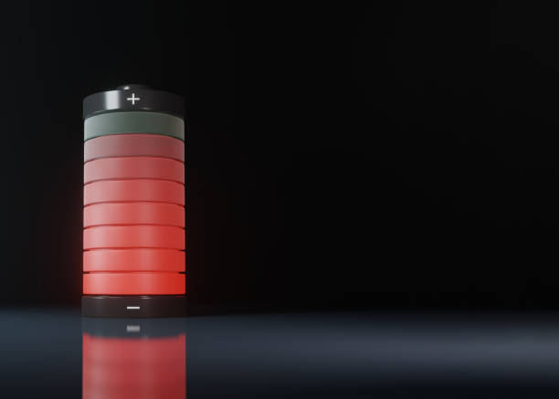 Low charged battery with glowing red light isolated over black background. 3D rendering Illustration