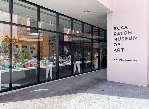 Boca Raton, Florida, USA - February 17, 2022:  Entrance to the Boca Raton Art Museum located in the Mizner Park Mall.
