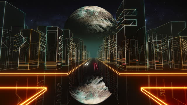 80s Retrowave night city synthwave VJ seamless loop with neon lights, Unknown Planet and stars. Retro 80s style grid sun stars old tv screen animation background. VJ Retro-Futuristic City. Driving toward Planet with distant city skyline. 80s sci-fi.