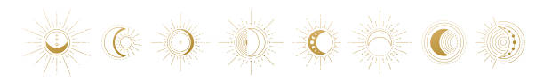 ilustraciones, imágenes clip art, dibujos animados e iconos de stock de logotipo vectorial de luna y sol. símbolo místico de línea dorada en estilo lineal plano mínimo. ilustraciones mágicas boho - moon