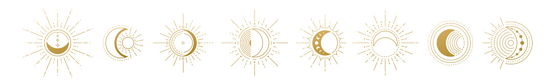 Moon and sun vector logo. Gold line mystic symbol in minimal flat linear style. Magic boho illustrations.