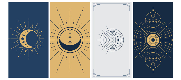 Moon and sun simple vector background in line minimal geometric style. Mystic boho alchemy hipster illustration.
