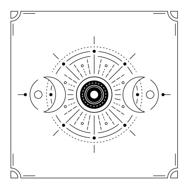 ilustrações de stock, clip art, desenhos animados e ícones de moon phases vector background in simple line flat style. golden astrology illustration on dark backdrop, frame border. mystic moonlight activity stages, sacred lunar geometry, magic astrology symbols - moon change eclipse cycle